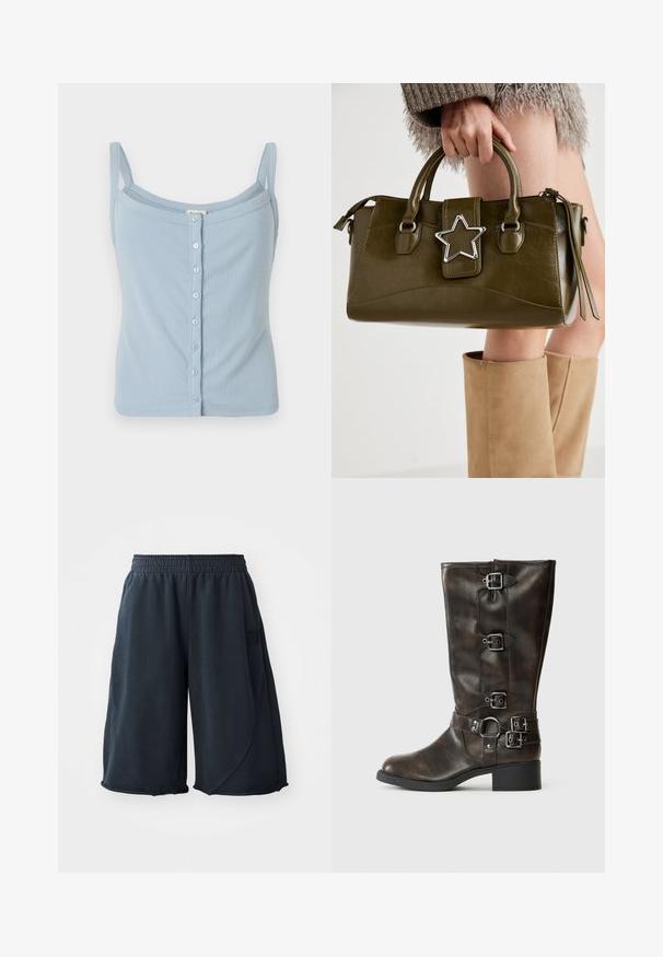 Light blue ribbed tank top with spaghetti straps, featuring a button-down front and a fitted design. Soft texture and simple style.; Black athletic shorts made of soft fabric, featuring an elastic waistband and a logo patch on the side. Smooth texture with a relaxed fit.; Brown leather knee-high boots with multiple buckles, a round toe, and a low chunky heel. Features a textured finish and adjustable straps.; Olive green faux leather handbag with silver star accent, dual handles, and a zip closure. Textured surface and structured shape.