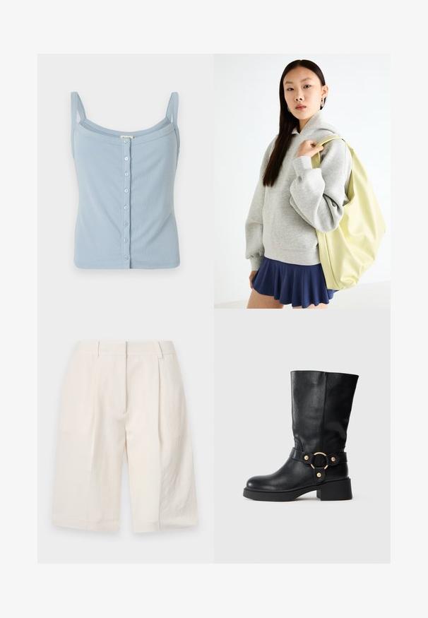 Svetlomodrý rebrovaný top bez rukávov s tenkými ramienkami, ktorý má zapínanie na gombíky vpredu a priliehavý strih. Mäkká textura a jednoduchý štýl.; Biele ľanové šortky s precízne navrhnutým strihom, s plisovaným predným dielom a širokými otvormi na nohách. Hladká textúra a dĺžka po stred stehna.; Čierna kožená čižma po členky s mohutným podpätkom a dekoračným pásom s zlatou kruhovou prackou na bielom pozadí.; Sivá oversized mikina s klokanským vreckom, skombinovaná s námorníckou rozšírenou sukňou. Doplnok: veľký svetložltý batoh s hladkým povrchom.
