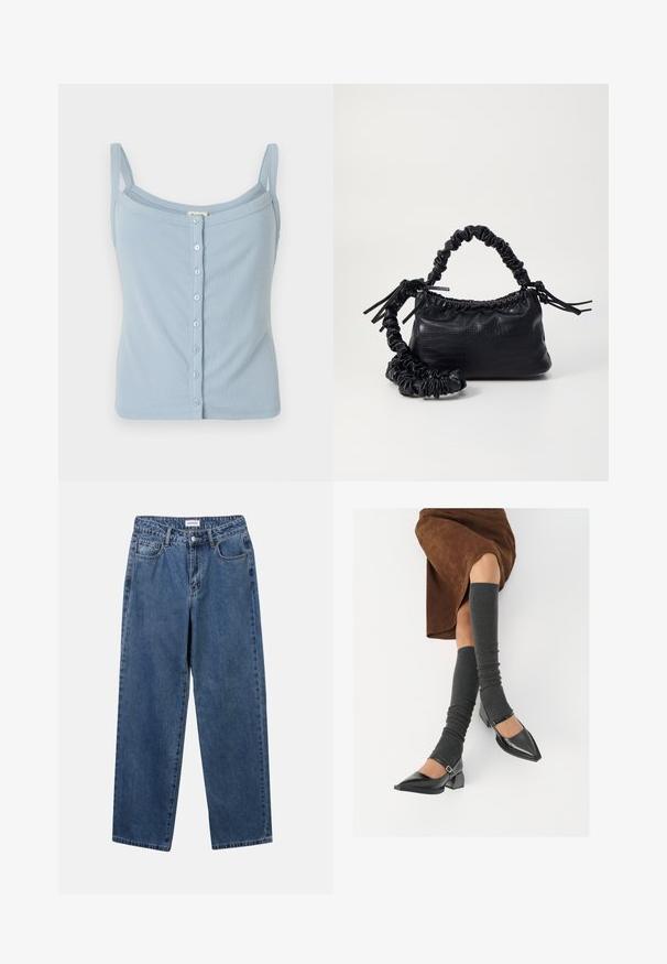 Lyseblå ribbet tanktopp med spaghetti-stropper, med knapplukking foran og en tettsittende design. Myk tekstur og enkel stil.; Klassiske blå denimjeans med rett ben-design, fem lommer og knappelukking. Har en middels vask og solid tekstur.; Sorte lakkpumps med spiss tå, blokkhel, og ankelstropp, kombinert med grå ribbestrikkede beinvarmere og et brunt semsket skinn skjørt.; Svart faux skinn-håndveske med krokodilletekstur, strammet topp og en rynket stropp. Ser myk og kompakt ut i designen.