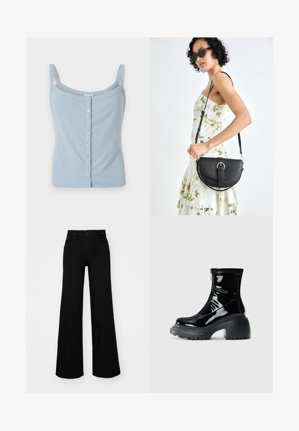 Svijetloplava rebrasta majica bez rukava s trakama, koja ima prednju zakopčanu dugmadima i prilagođeni kroj. Mekana tekstura i jednostavan stil.; Crne široke traperice s čvrstim pojasom, petljama za remen i prednjim džepovima. Gladak teksturirani materijal s klasičnim dizajnom.; Sjajna crna platforma čizma do gležnja s zaobljenim vrhom, debelim potplatom, zatvaranjem na zip i debelim rebrastim potplatom na bijeloj pozadini.; Crna kožna torba s lukovitim oblikom, odvojivim remenom i zlatnim detaljima. Torba ima preklop s kopčom.