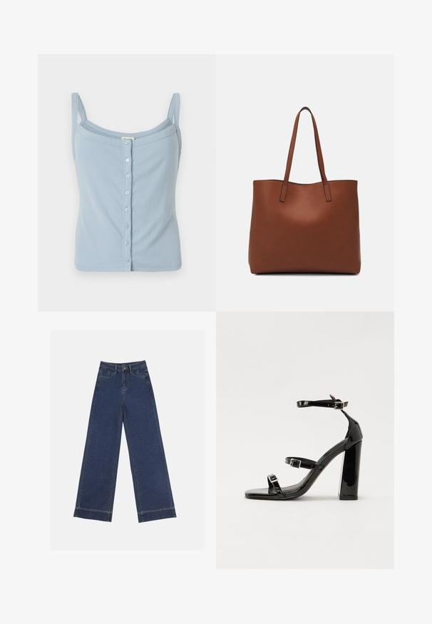 Débardeur en maille à rayures bleu clair avec des bretelles spaghetti, présentant un devant à boutons et une coupe ajustée. Texture douce et style simple.; Jeans à jambes larges en denim bleu foncé. Comprend cinq poches, des passants de ceinture et un ourlet brut en bas avec des détails de couture visibles.; Sandales à talons hauts en cuir verni noir avec deux brides à boucles, bout carré et talon bloc épais, présentant une texture lisse et brillante.; Sac fourre-tout en cuir marron avec une texture lisse, design à ouverture supérieure et deux poignées pour le porter à l'épaule. Présente des coutures minimales et aucun matériel visible.