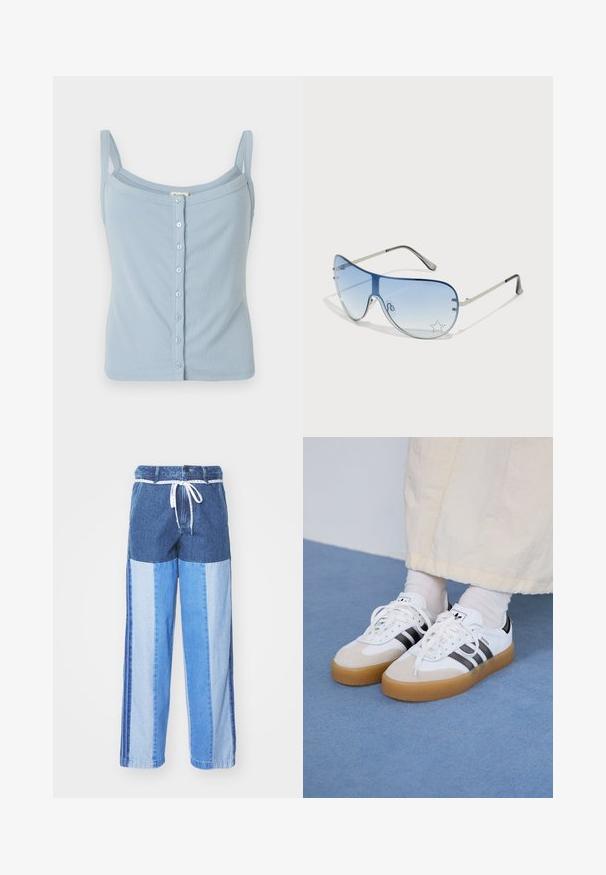 Lichtblauw geribde tanktop met spaghettibandjes, voorzien van een knoopsluiting aan de voorkant en een getailleerd ontwerp. Zachte textuur en een eenvoudige stijl.; Blauwe denim broek met een patchworkdesign in verschillende tinten blauw, een trekkoord in de taille en een losse, recht gesneden pijpen.; Witte sneakers met zwarte strepen en beige suède accenten. Voorzien van een gestructureerde gumzool en platte witte veters, gedragen met lichtgekleurde sokken.; Aviator zonnebril met een gradient blauwe lens, zilveren metalen frame en decoratieve sterrenaccenten op de lens. Glad en strak ontwerp.