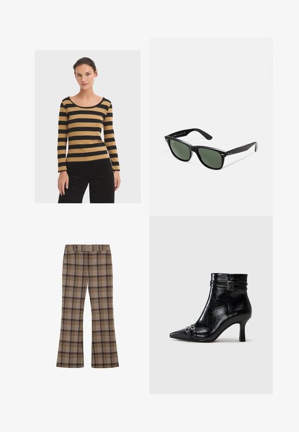 Gestreiftes Langarmoberteil in Schwarz und Goldgelb, mit weitem Rundhalsausschnitt und taillierter Silhouette. Glattes, strukturiertes Material.; Karierte Hose aus Stoff, mit einem hellbraunen Grundton und dunkelblaubraunen Karos, ausgestellte Beine und einem elastischen Bund.; Tamaris Keilstiefelette - black; Schwarze Plastiksonnenbrille mit grünen Gläsern, quadratischen Rahmen, silbernem Akzent auf der Augenbraue und strukturierten Bügeln. Angegebene Marke auf dem inneren Bügel.