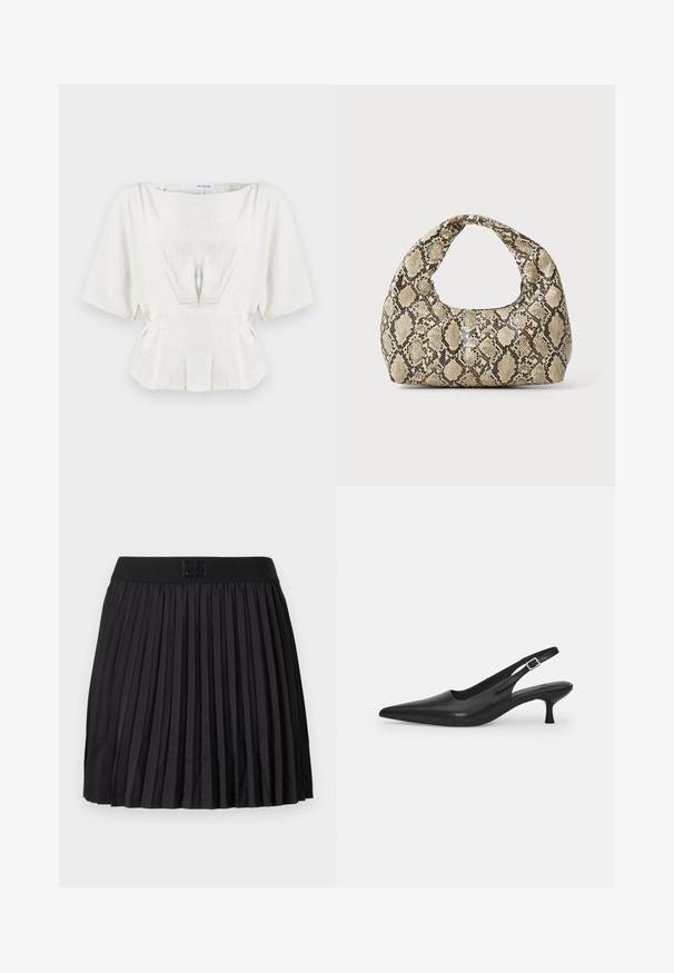 Licht ivoorkleurige blouse met korte mouwen, gerimpelde details en een peplum taille. Gemaakt van gestructureerde stof, met zachte plooien voor extra structuur.; Zwarte geplooide rok met een soepele textuur, voorzien van een effen zwarte tailleband en een reliëflogo-detail aan de voorkant.; Zwarte leren slingback schoen met een puntige neus en een slanke, gebogen hak. Voorzien van een discrete verstelbare band met een metalen gesp.; Slangpatroon handtas met een gebogen handvat. Gemaakt van gestructureerde, beige en bruine materialen, met een kenmerkend ruitpatroon.