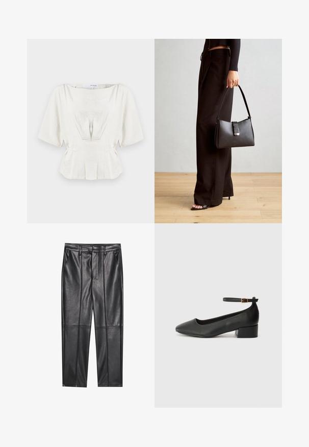 Világos elefántcsont színű blúz rövid ujjakkal, redőzött részletekkel és peplum derékkal. Texturált anyagból készült, lágy redőzésekkel a struktúra érdekében.; Fekete bőrnadrág sima textúrával, egyenes szabással, két elülső zsebbel és látható varrás részletekkel.; Fekete bőr magassarkú cipő hegyes orral és alacsony tömb sarkal. Bokapánttal rendelkezik, aranyszínű csattal. Simább textúra.; Fekete kézi táska strukturált formával, sima textúrával és fémből készült záródással. Széles fekete nadrággal és nyitott orrú szandállal párosítva, fából készült padlón.