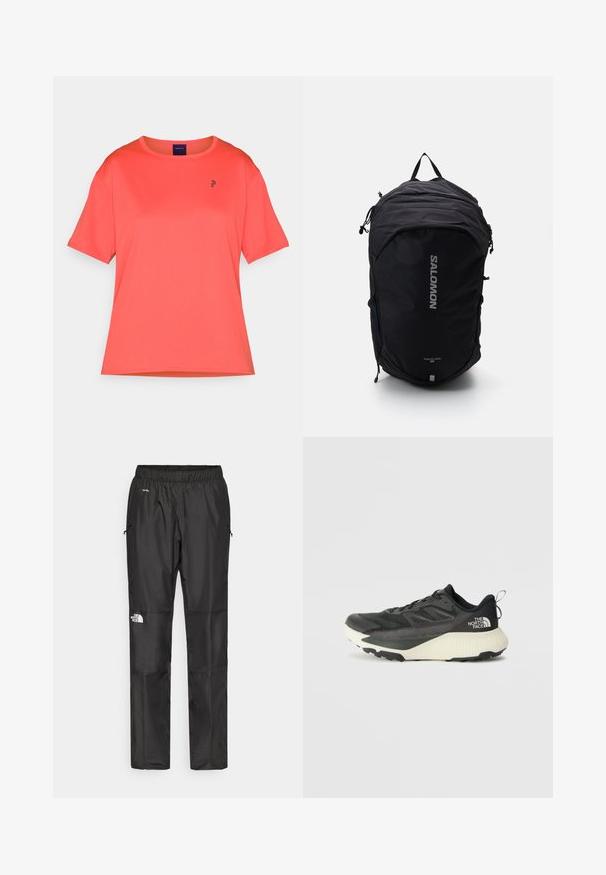 Koralowa koszulka z krótkim rękawem, wykonana z gładkiego materiału. Okrągły dekolt, z małym czarnym logo na piersi. Lekko luźny krój.; Czarne wodoodporne spodnie wykonane z lekkiego materiału, z elastycznym pasem, bocznymi kieszeniami i logo na lewym nogawce.; Czarne sportowe buty z teksturowaną cholewką, z szarymi akcentami i białą podeszwą środkową. Zawierają pętelkę do zakładania oraz wyraźne logo marki na pięcie.; Czarny plecak o smukłej konstrukcji, teksturowanym materiale, regulowanymi paskami i wyraźnym, srebrnym logo "SALOMON" z przodu.