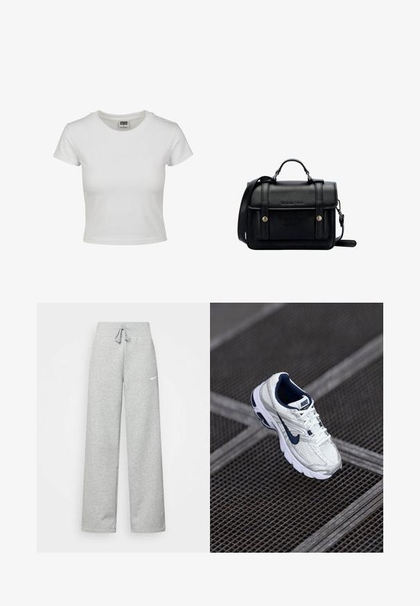 Hvid bomulds t-shirt med klassisk rund hals, korte ærmer og tætsiddende pasform. Ingen mønstre eller accenter synlige.; Grå sweatpants med elastisk talje, snor detaljer og et lille hvidt Nike-logo på venstre lår. Blødt stof, løs pasform.; Nike løbesko i hvid og marineblå med en struktureret mesh-overdel, polstret sål og et karakteristisk logo langs siden.; Sort læder crossover taske med struktureret design, topgreb, justerbar rem, frontklap og metalaccenter. Har branding på fronten.