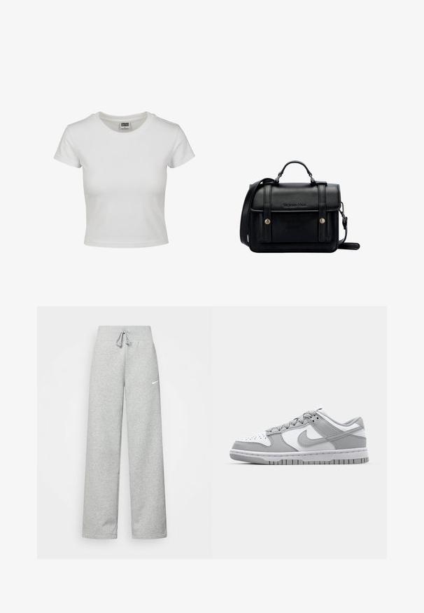 Witte katoenen t-shirt met een klassieke ronde hals, korte mouwen en een getailleerde vorm. Geen patronen of accenten zichtbaar.; Grijze sweatpants met een elastische tailleband, een trekkoord-detail en een klein wit Nike-logo op de linkerdij. Zachte stof, losvallend.; Grijze en witte lage sneakers van leer en suede, met een geperforeerde neus en rubberen buitenzool. Bevat een prominente swoosh-logo.; Zwarte leren schoudertas met een gestructureerd ontwerp, handvat bovenaan, verstelbare schouderband, voorklep en metalen accenten. Voorzien van branding aan de voorkant.
