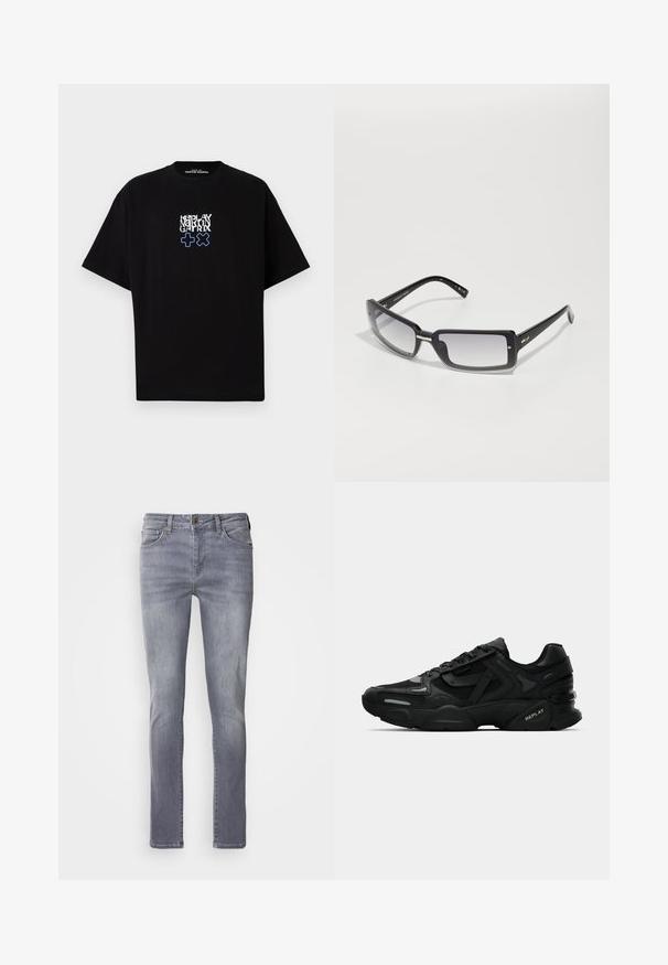 Sorte t-skjorte laget av bomull med løs passform. Har et grafisk trykk i hvitt og blått, som viser teksten "REPLAY MARTIN GATRIX" og symboler.; Lys grå denimjeans med rett snitt, har fem lommer, messing knappelukking og subtil falming på beina.; Svart idrettssko med teksturert overdel, reflekterende detaljer og polstrede såler. Har snørebånd og merkevarenavn på siden.; Svarte rektangulære solbriller med gradientlinser, med en tykk ramme og metallaksenter på armene. Jevn tekstur gjennom hele.