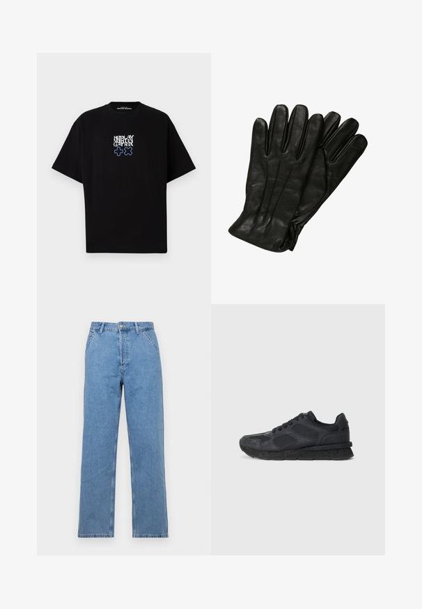 Sorte t-skjorte laget av bomull med løs passform. Har et grafisk trykk i hvitt og blått, som viser teksten "REPLAY MARTIN GATRIX" og symboler.; Lyseblå denim rettslit jeans med klassisk fem-lomme design, med knappstenging foran og beltesløyfer. Glatt tekstur.; Replay ARTHUR ATOM - Joggesko - black; Sorte skinnhansker med en glatt tekstur, fem fingre og subtile sømdetaljer. Klassisk design, egnet for bruk i kalde værforhold.