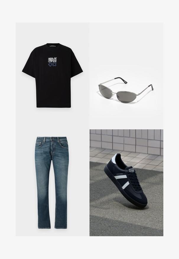 Fekete, pamutból készült, laza fazonú póló. Fehér és kék grafikai nyomattal van díszítve, amelyen a "REPLAY MARTIN GATRIX" felirat és szimbólumok találhatók.; Kék farmernadrág egyenes fazonnal, kopott mosással, öt zsebes kialakítással és kontrasztos varrásokkal. Gombos és cipzáras záródás.; Fekete bőr sportcipő fehér csíkokkal, textúrált gumitalppal és fűzős elejével. A nyelvén márkás címke található.; Sötétített lencsékkel rendelkező napszemüveg, elegáns, ezüst színű fém vázzal, aerodinamikus kialakítással, hegyes szélekkel és vékony szárakkal.