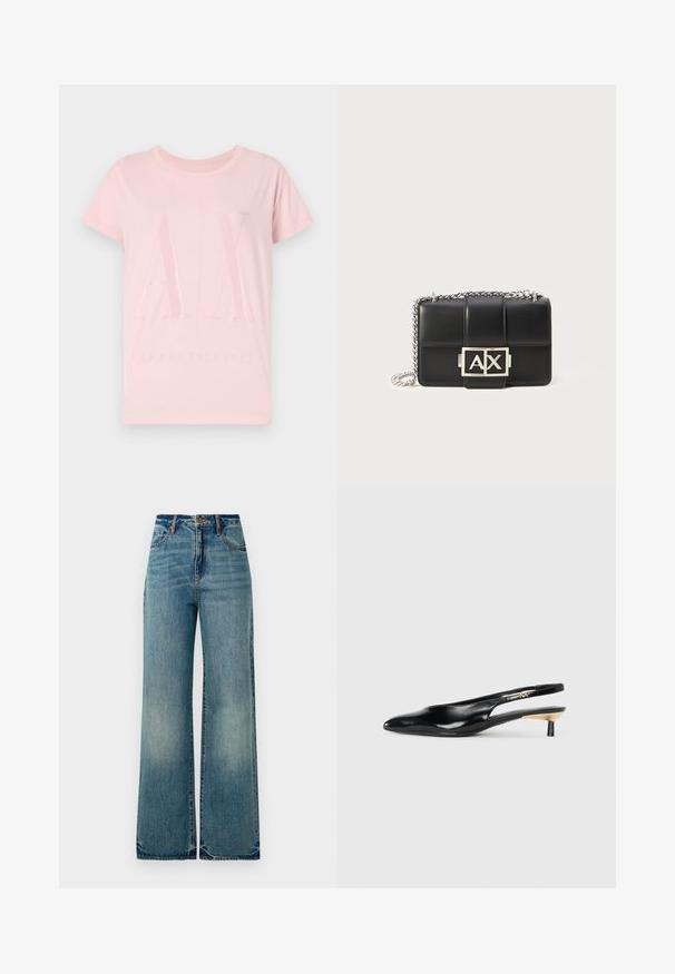 Pink cotton t-shirt with short sleeves, featuring glossy "AX" logo and text "ARMANI EXCHANGE" on the front, rounded neckline.; Light blue denim wide-leg jeans feature a high waist, five pockets, and slightly frayed hems, showcasing a textured, faded finish.; Black slingback pump with a pointed toe, glossy leather finish, and a small heel with a gold accent. Sleek design with a open back.; Black leather handbag with quilted design, silver chain strap, and a prominent silver "AX" logo on the front. Compact rectangular shape.