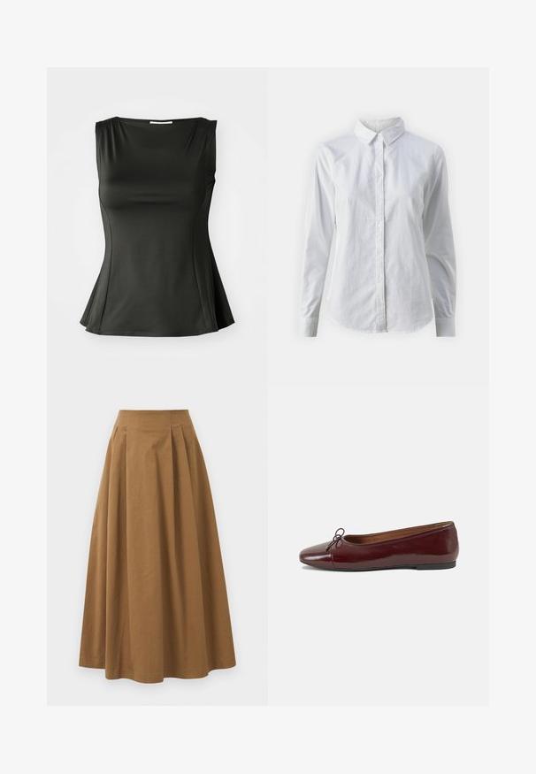 Crna bezrukavna majica napravljena od glatkog, rastezljivog materijala; ima lepršavi rub i izrez u obliku scoop za prilagodljiv, ali opušten siluetu.; Bjela košulja na dugih rukava od glatkog pamuka, s klasičnom kragnom i zakrivljenim rubom. Dugmad su mala i bijela.; Smeđa pamučna suknja A kroja s visokim strukom, koja ima nabore sprijeda i glatku teksturu. Završetci donjeg ruba su čisti i jednostavni.; Burgundska lakirana balerinka s zaobljenim vrhom, malim mašnom sprijeda i niskom, crnom gumenom potplatu. Glatka tekstura.