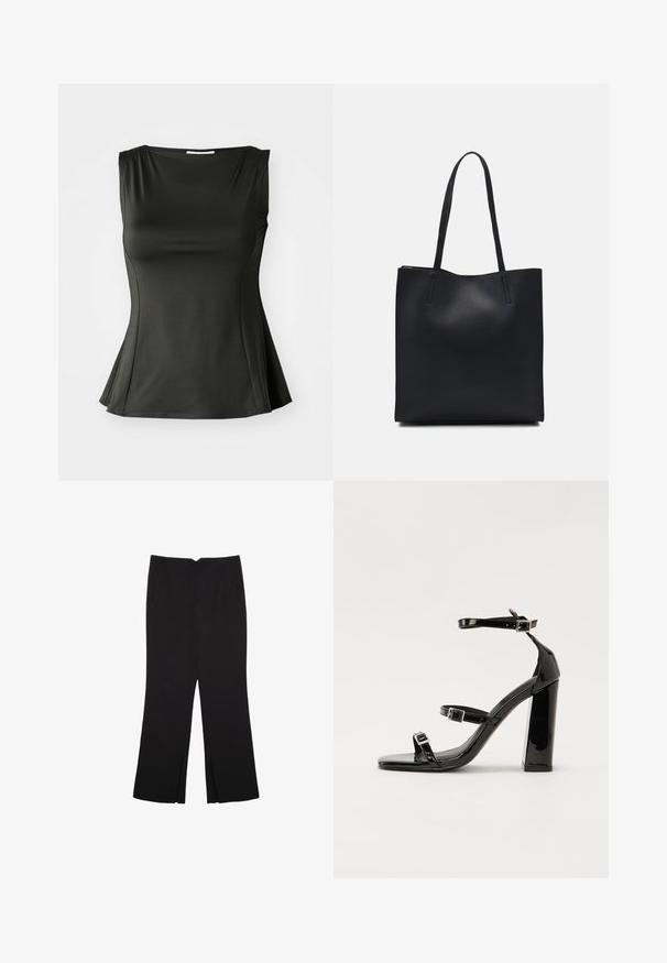 Top senza maniche nero realizzato in un tessuto liscio e elasticizzato; presenta un orlo svasato e un collo a barca per una silhouette attillata ma rilassata.; Pantaloni neri a gamba dritta, con tasche frontali e spacchi laterali all'orlo. Realizzati in tessuto morbido e liscio. Adatti a diverse occasioni.; Sandali con tacco alto in vernice nera con due cinturini con fibbia, punta quadrata e tacco spesso a blocco, caratterizzati da una texture liscia e lucida.; Borsa tote in pelle nera con texture liscia, forma rettangolare e due manici lunghi. Nessun hardware o decorazione visibile.