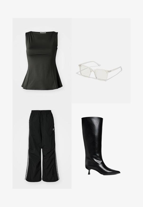 Černý bezrukávový top vyrobený z hladkého, elastického materiálu; má rozšířený lem a výstřih ve tvaru lodi pro přiléhavý, ale uvolněný silueta.; Černé větrovky kalhoty s elastickým pasem, šňůrkou, bílými bočními pruhy, volnější střih, s malým logem na levé straně.; Černé kožené vysoké boty po kolena s špičatou špičkou, štíhlou siluetou a nízkým blokovým podpatkem s lesklým povrchem.; Průhledné plastové brýle čtvercového rámečku s průsvitnými čočkami, které mají zlaté akcenty na spáncích pro zvýraznění detailů.