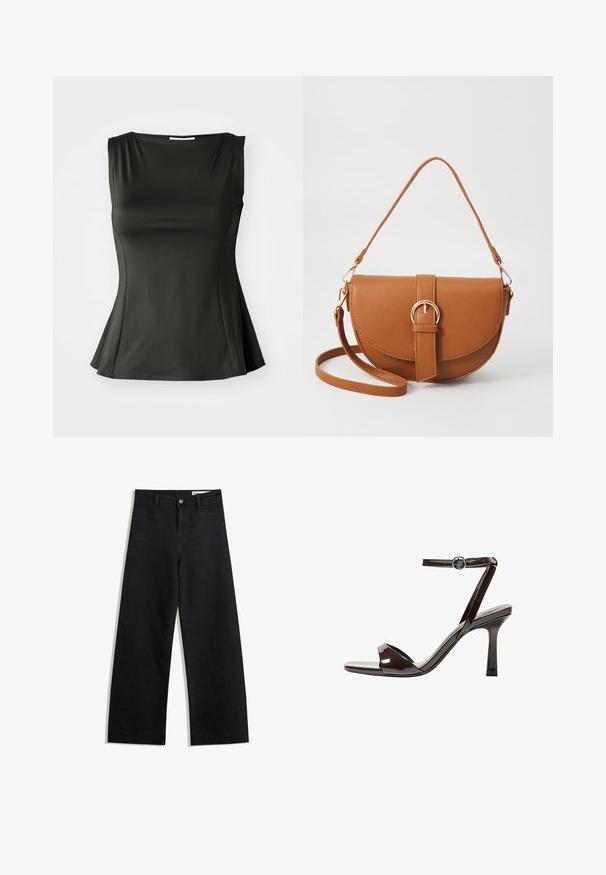 Črn brezrokavnik iz gladkega, elastičnega blaga; ima razširjen rob in krojen ovratnik, kar zagotavlja prilegajočo, a sproščeno silhueto.; Črne široke denim hlače z visokim pasom, ki imajo sprednje in zadnje žepe, šivane šive ter gumbasto zapiranje. Gladka tekstura.; Rjave visokosprti sandali iz pateniranega usnja z zaponko okoli gležnja, odprto konico in eleganten, minimalističen dizajn. Imajo kvadratno peto.; Rjava usnjena torbica prek telesa s ukrivljeno obliko, zlate opreme in sponko. Ima odstranljiv naramni trak.