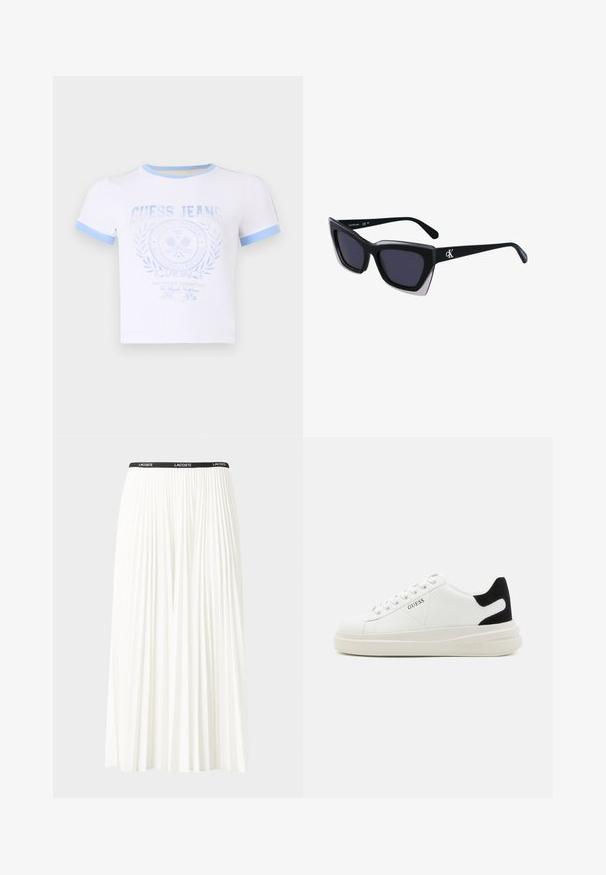 Hvit bomull T-skjorte med lyseblå ribbestrikket krage og ermer, med et falmet blått grafisk trykk og sirkulært logo-design på forsiden.; Plissert hvit skjørt med en svart elastisk midje som har "LACOSTE"-logoen. Midjelengde design med myk tekstur.; Hvite lær sneakers med tykk hvit såle, svart semsket hælforsterkning og preget logo på siden. Snøresystem med seks hull.; Store svarte solbriller i overdimensjonert størrelse med geometrisk form, med mørke linser og en kontrasterende grå detalj på rammen. Logo på armen.