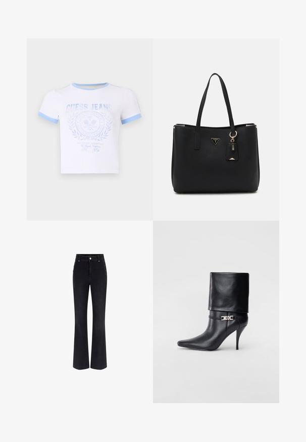 Bijela pamučna majica s plavim rebrastim ovratnikom i rukavima, koja na prednjoj strani ima izblijedjeli plavi grafički print i kružni dizajn loga.; Crne traperice s širokim nogavicama koje imaju visoki struk, dizajn s pet džepova i metalne gumbe sa strane. Glatka tekstura i klasični kroj.; Crna kožna gležnjača s šiljastim prstom, visokim stiletto potplatom, preklopnim rubom i zlatnom dekorativnom kopčom na gležnju.; Crna torba od teksturiranog sintetičkog materijala, s dva ručka, zlatnom oznakom i malom oznakom s detaljima u boji.