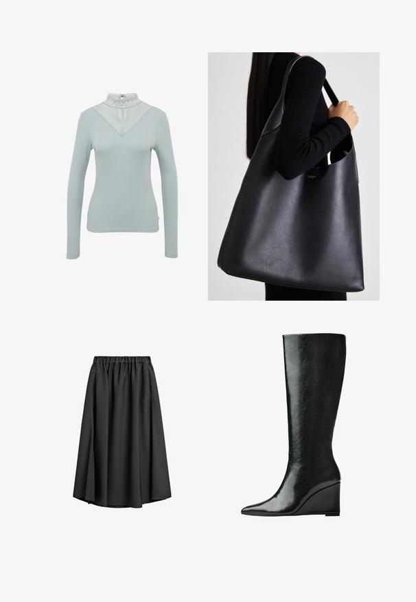 Lichtblauw lang mouwen top met een kanten hoge halslijn met een driehoekig patroon en een geribbelde textuur. Inclusief een sleutelgat sluiting aan de achterzijde.; Zwarte midi rok van lichtgewicht, vloeiende stof met een elastische tailleband en een lichte A-lijn silhoutte. Geen zichtbare patronen of accenten.; Kniehoge zwarte leren laarzen met een slanke, puntige neus en een wiggle heel. Het oppervlak is glad met een glanzende afwerking.; Zwarte leren tote bag met een gladde textuur, oversized vorm en een enkele schouderband. Voorzien van een gouden logo-accent.