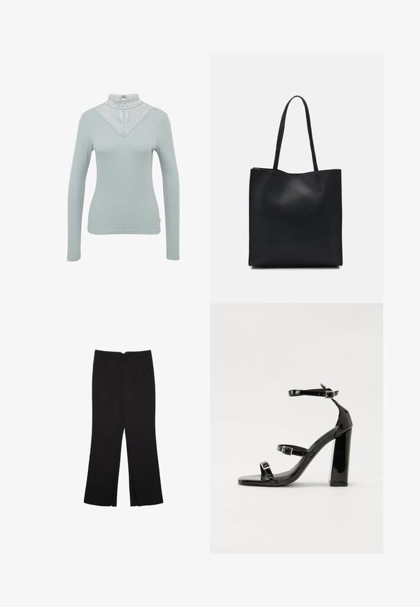 Helles blaues Langarmoberteil mit einer Spitzen-Halslinie in einem dreieckigen Muster und einer gerippten Textur. Enthält einen Schlüssellochverschluss im Rücken.; Schwarze Hose mit geradem Schnitt, ausgestattet mit Fronttaschen und Seitenschlitzen am Saum. Hergestellt aus weichem, glattem Stoff. Geeignet für verschiedene Anlässe.; Schwarze patentierte Sandalen mit Absatz, quadratischer Spitze, Knöchelriemen und silbernen Schnallen. Mit einem stabilen Blockabsatz für mehr Stabilität.; Schwarze Laptoptasche aus Leder mit glatter Textur, rechteckiger Form und zwei langen Griffen. Keine sichtbaren Beschläge oder Verzierungen.