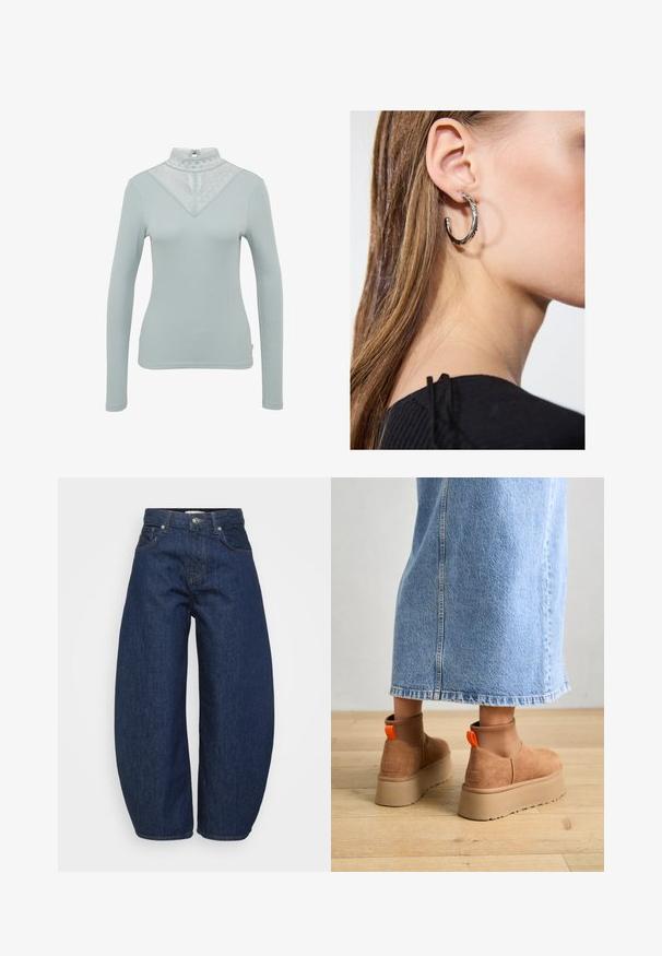 Helles blaues Langarmoberteil mit einer Spitzen-Halslinie in einem dreieckigen Muster und einer gerippten Textur. Enthält einen Schlüssellochverschluss im Rücken.; Hochtaillierte dunkelblaue Denim-Jeans mit weitem Bein, Knopf- und Reißverschluss vorne sowie klassischem Fünf-Taschen-Design.; Braune Wildleder-Plateau-Stiefel mit elastischen Seitenpaneelen und orangen Zuglaschen, kombiniert mit einem knielangen hellen Jeansrock auf einem Holzboden.; Silberne Creolen mit polierter Oberfläche, die kleine goldene Akzentdetails und eine runde Form aufweisen, am Ohrläppchen getragen.