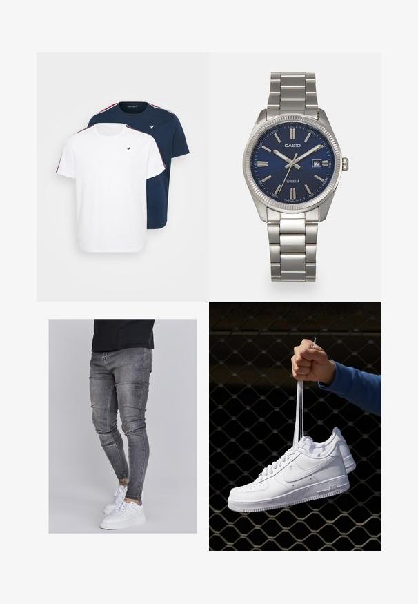 Kaks lühikeste varrukatega T-särki. Üks on valge ja punase ning mereväe sinise triibuga õlavarre kaunistustega; teine on mereväe sinine, millel on sarnased triibud ja logo.; Kitsad teksad tuhmhall denimil, millel on kulunud detailid põlvedes, koos valgete tossudega. Sile tekstuur, kitsas lõige.; Valged nahast tennisetossud, millel on perforatsioonid, ümar nina, lame tallus ja paksud nöörid, nähtava swooshi logoga ja "AIR" kontsadel.; Hõbedane roostevabast terasest käekell, tumesinise lõpliku, metallsete tuntud numbrite ja kuupäevanäidikuga kell 3 juures. Veekindel kuni 50 meetrit.