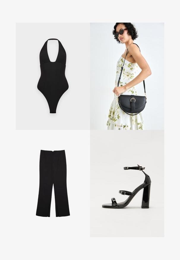 Črni enodelni kopalke s halter ovratnikom. Ima globok V-izrez, gladko teksturo in visoko izrezane hlačke.; Črne hlače ravnega kroja z naglavnimi žepi in stranskimi razporki na robu. Narejene iz mehke, gladke tkanine. Primerne za različne priložnosti.; Črne lakirane sandale s peto, kvadratnim prstom, trakovi okrog gležnja in srebrnimi zaponkami. Opremljene so s stabilno Debelo peto.; Črna usnjena torbica s ukrivljeno obliko, z odstranljivo naramnico in zlatimi dodatki. Torbica ima pokrov s podrobnostmi v obliki zaponke.