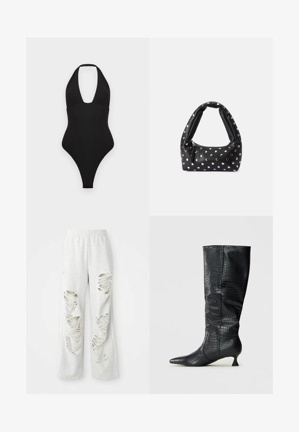 Crni jednodjelni kupaći kostim s dizajnom s halter izrezom. Ima duboki V-izrez, glatku teksturu i visok izrez na nogama.; Svijetlosive trenirke širokog kroja, s više ispucanih zakrpa, mekog materijala i elastičnim pojasom.; Knee-high crne čizme od umjetne kože s sjajnom teksturom krokodila, šiljatim vrhom i uskim, kutnim potplatom. Klasičan dizajn i elegantna silueta.; Crna kožna torba s zakrivljenom drškom, ukrašena srebrnim točkicama i zatvaranjem na rajsferšlus s jedne strane.