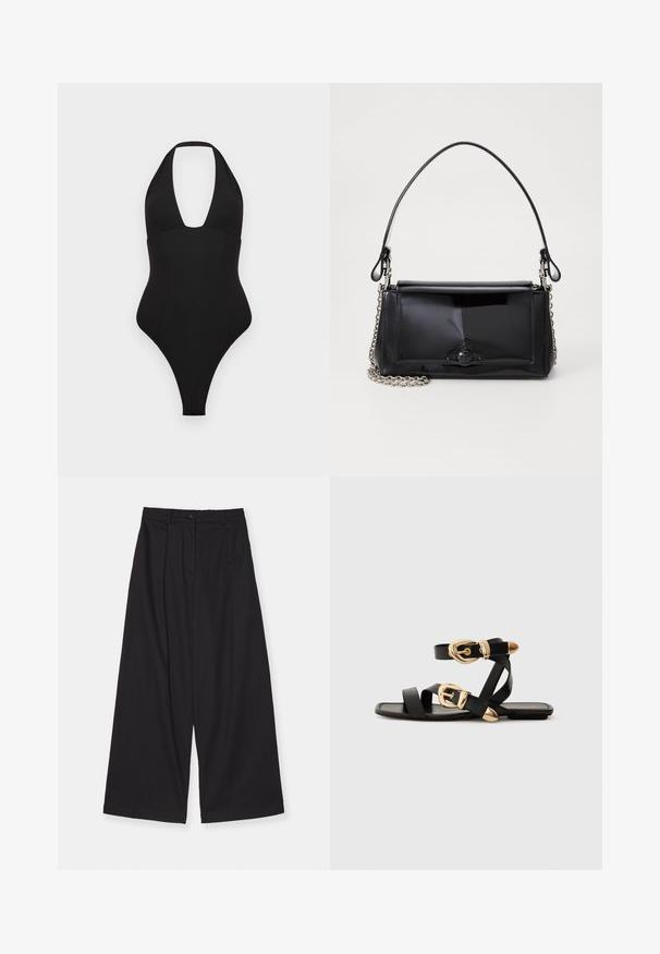 Juoda vientisa maudymosi kostiumėlis su halterio kaklo dizainu. Turi gilų V formos iškirptę, lygią tekstūrą ir aukštai iškirptas kojų angas.; Juodos plačios kojos kelnes, pagamintas iš glotnaus audinio, su aukštu liemeniu, priekinėmis klostėmis, mygtukų uždarymu ir tiesiu siluetu.; Juodos odinės šlepetės su auksiniais sagtelėmis, turinčios daugybę dirželių ir plokščią padą, skirtos atviriems pirštams.; Juodas lakinės odos rankinės ilgis stačiakampis, su grandinėlės dirželiu ir išskirtiniu metaliniu akcentu centre. Lygus paviršius.