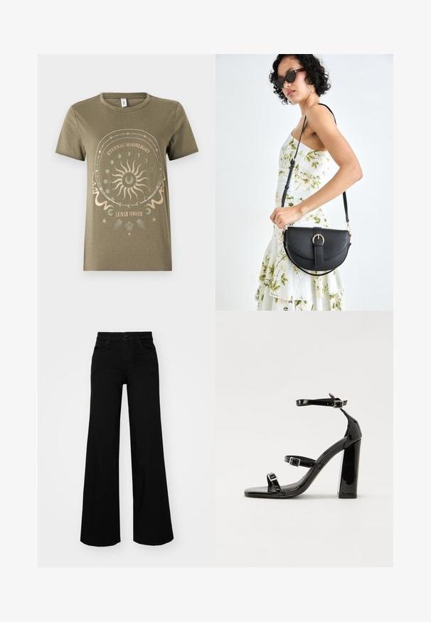 Olivgrüne Baumwoll-T-Shirt mit kurzen Ärmeln, Rundhalsausschnitt, mit einem kreisförmigen grafischen Mondmotiv in metallic Gold und weißen Akzenten.; Schwarze weit geschnittene Hose aus Denim, mit einem strukturierten Bund, Gürtelschlaufen und Fronttaschen. Glatte Textur mit klassischem Design.; Schwarze patentierte Sandalen mit Absatz, quadratischer Spitze, Knöchelriemen und silbernen Schnallen. Mit einem stabilen Blockabsatz für mehr Stabilität.; Schwarze Lederhandtasche mit geschwungener Form, abnehmbarem Tragegurt und goldenen Beschlägen. Die Tasche verfügt über einen Deckel mit einer Schnallen-Details.