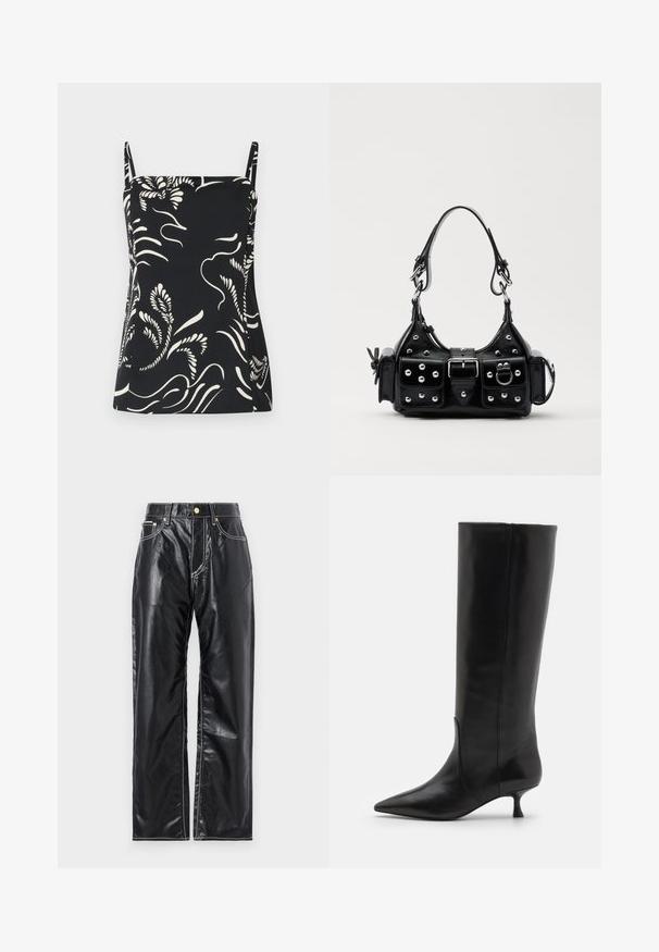 Mustermikne ilma varrukateta tipp, millel on valge lillemuster, õhukeste rihmadega ja kergelt laieneva disainiga. Sile kangas pehme tekstuuriga.; Mustad kunstnahk püksid laia sääre lõikega, valgete õmblustega, esi-taskutega ning kuldse nupuga vöökoha juures.; Stuart Weitzman BOOT - Saapad - black; Must värvi nahast käekott, millel on kaarjas disain, hõbedased nupukesed, kinnitusahe ja kaks külgtaskut. Reguleeritav rihm erinevate kandmisvõimaluste jaoks.