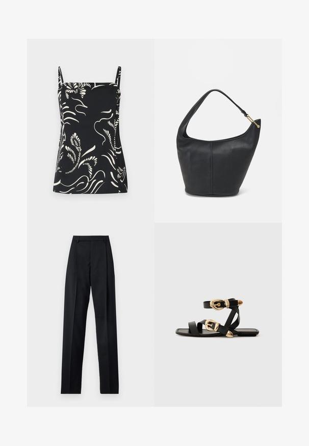 Top negro sin mangas con un patrón floral blanco, que presenta tirantes finos y un diseño ligeramente acampanado. Tela suave con una textura blanda.; Pantalones negros de tela suave con cintura alta, piernas amplias, pliegues frontales y lazos de cinturón clásicos. No hay bolsillos laterales visibles.; Sandalias de cuero negro con acentos de hebillas doradas, que cuentan con múltiples correas y un diseño de suela plana para usar con los dedos al aire.; Bolso de cuero negro con forma redondeada, un strap ancho y un acabado texturizado. Presenta un sutil detalle de costura y un acento de hardware en tono dorado.