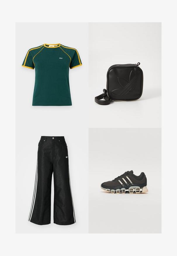 Zelené bavlnené tričko s žltými akcentmi na golieri a rukávoch, s malým bielym logom na hrudi a klasickým dizajnom s okrúhlym výstrihom.; Čierne džínsy s širokým strihom, s tromi bielymi pruhmi po stranách a malým bielym logom. Obsahujú predné vrecká a zapínanie na gombík.; Čierna športová obuv s textúrovaným zvrškom, tromi striebornými pruhmi a charakteristickou podošvou s viacerými integrovanými sekciami.; Čierna štvorec krossbody taška vyrobená z textúrovaného syntetického materiálu. Obsahuje embosovanú logo úpravu a nastaviteľný popruh. Zapínanie na zips.