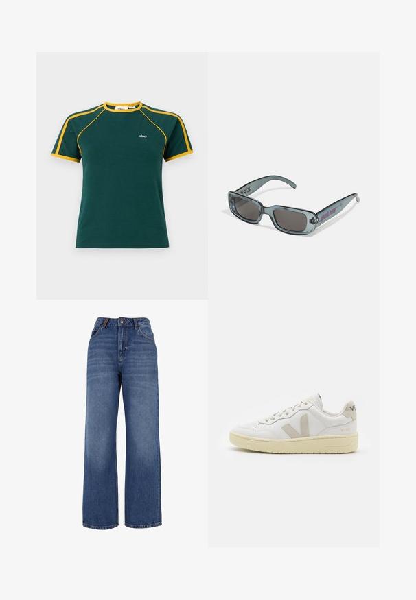 Roheline puuvillane T-särk kollaste aktsentidega kaeluse ja varrukate ääres, väikese valge logoga rinnal ning klassikalise ümmarguse kaelusega disain.; Laiad jalgadega denim teksad, mis on valmistatud keskmise kaaluga sinisest puuvillakudumist. Omab klassikalist viit taskut ja lukuga esiots, millel on nööbiga kinnitamine.; Valge nahast tenniseking, millel on beežist siidist aktsent ja aukudega varvas, lame paelad ja tekstureeritud koorevärvi tallad. Omab nüansirikast brändimist kannal.; Santa Cruz INFERNO UNISEX - Päikeseprillid - crystal black