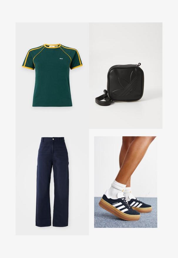 Camiseta de algodón verde con detalles amarillos en el cuello y las mangas, con un pequeño logotipo blanco en el pecho y un diseño clásico de cuello redondo.; Pantalones cargo de pierna ancha en azul marino, confeccionados con una tela de algodón resistente, que incluyen bolsillos laterales y cierre de botón en la cintura.; Zapatillas deportivas de gamuza negra con rayas y detalles blancos, puntera redondeada, suela de goma color caramelo, combinadas con calcetines blancos acanalados a la altura del tobillo.; Bolso cruzado negro hecho de material sintético texturizado. Presenta un diseño de logo en relieve y correa ajustable. Cierre con cremallera.