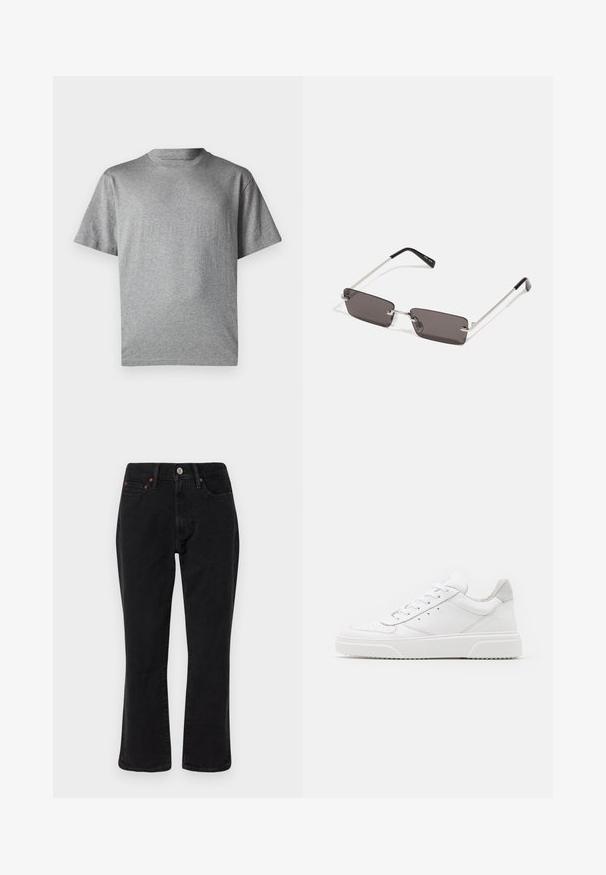 GAP ORIGINAL - T-shirts print - grey heather; Sorte denim jeans med lige ben, fem lomme-design og metalhardware med kobberdetaljer. Glat tekstur og mellem høj midt.; Hvide lædersneakers med en glat finish, rund tå, flade snørebånd og en struktureret sål. Grå ruskindsdetalje ved hælen.; Solbriller med rektangulære, mørke grå linser, sølv metalrammer og sorte plastiks spidser på stængerne. Letvægtsdesign med næsepuder.