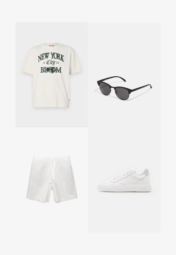 Krémszínű, rövid ujjú pamut póló, amelyen sötétzöld nyomtatott felirat olvasható: "NEW YORK egy virágzó város".; Fehér pamut rövidnadrág, rugalmas derékkal és zsinórral, oldalsó zsebekkel és egyenes szabással, befejezett szegéllyel.; Fehér bőr sportcipő sima felülettel, kerek orral, lapos fűzőkkel és textúrált talppal. Szürke velúr díszítés a saroknál.; Fekete napszemüveg kerek lencsékkel, matt felülettel és jellegzetes macska szem formával. Vékony szárak, a bal oldali templomon diszkrét márkajelzéssel.