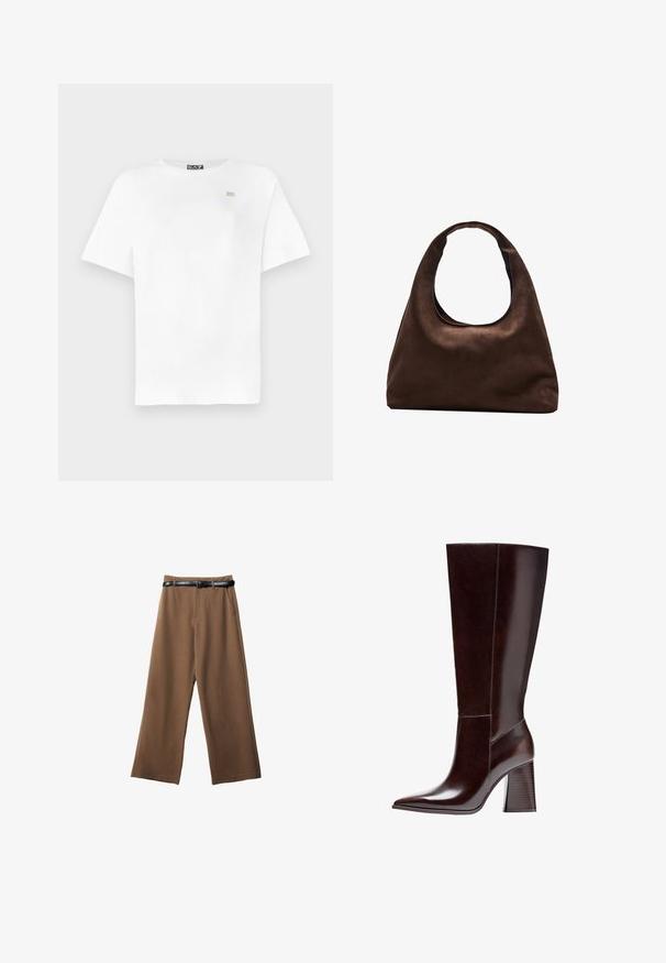 Bijela pamučna majica kratkih rukava, okruglog izreza i malim zlatnim logotipom na lijevoj strani prsiju. Glatka tekstura, opušteni kroj.; Smeđe široke hlače s glatkom teksturom, koje imaju crni pojas, dva prednja džepa i kroj po mjeri.; Smeđe kožne čizme do koljena sa šiljastim vrhom i teksturiranom blok petom. Karakteriziraju ih čiste linije i minimalni detalji šivanja.; Meka mekana smeđa torba hobo stila s jednim širokim remenom i zakrivljenim otvaranjem na vrhu, prikazana na bijeloj pozadini.
