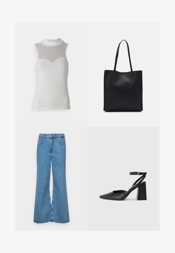 Balts bez piedurknēm tops ar augstu kakla izgriezumu, ar teksturētu ribotu paneli krūšu daļā un gludu korpusu, radot piegādes siluetu.; Gaiši zili, platā piegriezuma džinsi, kas izgatavoti no denima, ar augstu jostasvietu, piecām kabatām un vienu pogu. Mīksta tekstūra ar nolietotu apdari.; Melna ādas augstpapēžu kurpe ar norakstīto purngala formu, potītes siksniņu un masīlu papēdi. Gluda tekstūra, elegants dizains un minimālisma estētika.; Melnas ādas somiņa ar gludu tekstūru, taisnstūra formu un divām garām rokturiem. Nav redzamu aparatūras vai rotājumu.