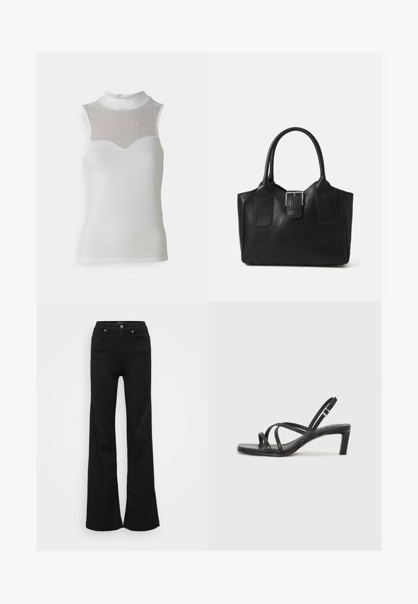 Top blanco sin mangas con cuello alto, que presenta un panel texturizado de canalé en el pecho y un cuerpo liso, creando una silueta ajustada.; Pantalones vaqueros negros acampanados de mezclilla, con cintura alta, cinco bolsillos y cierre de botón metálico. Textura suave con un detalle mínimo.; Sandalia negra de tiras con punta cuadrada y tacón bajo de bloque. Presenta múltiples tiras delgadas y una correa ajustable en el tobillo. Fabricada en cuero suave.; Bolso tote de cuero negro con textura suave, forma estructurada, dos asas y un prominente detalle de hebilla plateada en la parte frontal.