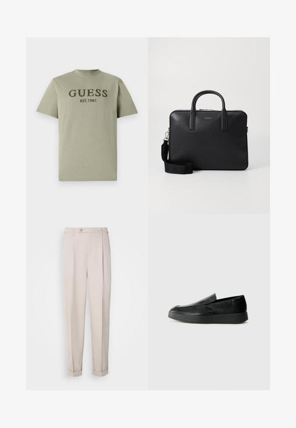 Olivově zelené bavlněné tričko s kulatým výstřihem a krátkými rukávy, na hrudi vyšívaný nápis "GUESS EST. 1981" tmavě zelenou barvou.; Béžové kalhoty z hladkého materiálu, s rovný střih, jednou plisovanou přední částí a ohrnutými manžetami. Obsahují přední zapínání na knoflík.; Calvin Klein HYBRID CUP - Polobotky - triple black; Černý kožený aktovka s strukturovaným povrchem, dvojitými uchy, odnímatelným ramenním popruhem a předním logem. Uzavření na zip.
