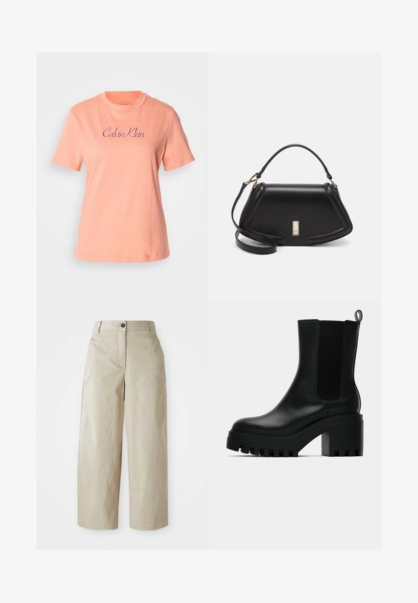 Peene puuvillane T-särk lühikeste varrukatega, ümar kaelus ja roosa tikandiga "Calvin Klein" logo. Sile tekstuur ja vaba lõige.; Bežid kõrge vöökohaga laiad püksid nupu ja tõmblukuga, vöölõngadega ja küljetaskutega, esitatud valge tausta ees.; Mustad must jalatsid mustast nahast, ümmarguse varbaga, tükilisest platvormist ja võrgupoolsest aksendist. Omab tõmbeauku mugavaks jalga panemiseks.; Must mustrist käekott, millel on struktureeritud disain, lühendatud kuju, ülemine käepide ja kuldne metallist detail. Reguleeritav õlalihm on kaasas.