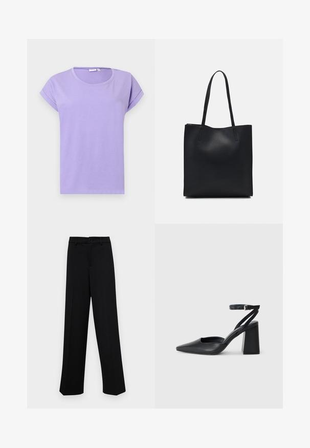 Lila, rövid ujjú póló sima pamutból. Kerek nyakkivágású, felgöngyölt ujjú és laza szabású. Egyszerű, mintázat nélküli dizájn.; Fekete, széles szárú nadrág sima anyagból, klasszikus derékrésszel, gombzárral és elülső redőkkel.; Fekete bőr, hegyes orrú magassarkú cipő boka pánttal és vastag sarokkal. Sima textúra, elegáns dizájn és minimális esztétika.; Fekete bőrtáska sima felszínnel, téglalap alakú, két hosszú füllel. Nincs látható fémkiegészítő vagy díszítés.