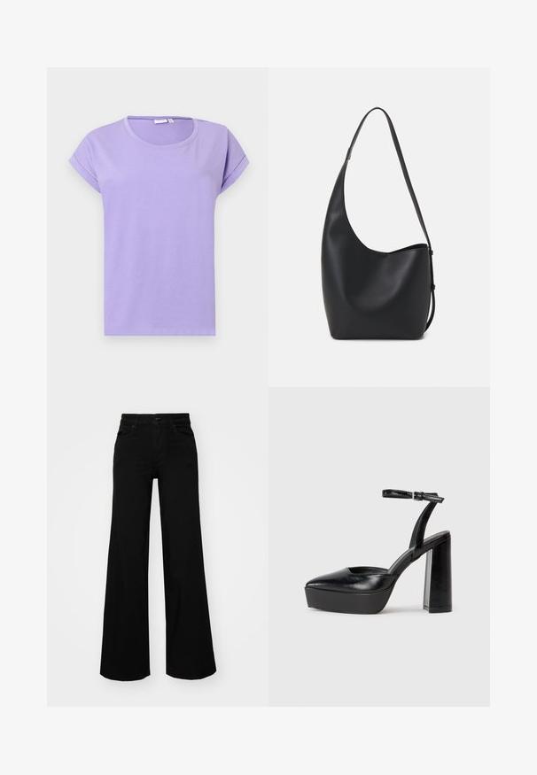 Lilla T-skjorte med kort erme laget av myk bomull. Har rund hals, rullede ermer og en avslappet passform. Enklere design uten mønstre.; Svart vide bukser laget av denim, med en strukturert midjebånd, beltestropper og frontlommer. Glatt tekstur med et klassisk design.; Sorte plattformhelter med spiss tå og justerbar ankelrem. Laget av glatt lær, med en robust blokkhel.; Svart lær hobo-veske med glatt tekstur, buet form og enkelt justerbart stropp; har en bred åpning på toppen.