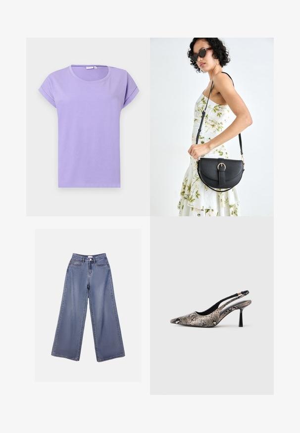 T-shirt roxo de manga curta feito de algodão suave. Apresenta um decote redondo, mangas dobradas e um corte descontraído. Design simples sem padrões.; Calças de ganga de perna larga numa lavagem azul clara, com uma cintura alta, bolsos frontais e fecho de botão com passadores para cinto.; Sapatos slingback de bico fino feitos de material texturizado com padrão de cobra, apresentando um salto preto esguio e um design recortado nas laterais.; Bolsa de couro preta com forma curva, alça destacável e detalhes em dourado. A bolsa possui uma aba com detalhe de fivela.