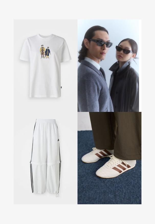 White cotton t-shirt featuring a graphic illustration of two cartoon figures in colorful clothing. Round neckline and short sleeves.; White athletic pants with a relaxed fit, elastic waistband, and black side stripes. Features zipper pockets and elastic cuffs at the ankles.; White sneakers with brown stripes worn with brown pants on blue carpeted floor.; Sunglasses with angular black frames on model with a gray sweater, showcasing textured knit and a black leather jacket worn by another model.; White fabric shoulder bag with gathered texture, adjustable strap, and silver hardware. Displayed alongside a cream-colored dress.