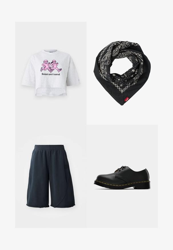 Pilkas trumpas rankovėmis marškinėliai, pagaminti iš medvilnės. Ant jų pavaizduoti du bėgikai ir užrašas "Bėgikai nėra normalūs."; Juodos sportinės šortai iš minkštos medžiagos, su elastinga juosmens juosta ir logotipo etikete šone. Lygi tekstūra, laisvas kirpimas.; Juodas odines batų su apvaliu pirštu, su raišteliu, geltona siuvimo linija palei padą ir storu juodu guminiu padu, užtikrinančiu sukibimą.; Levi's® PAISLEY BANDANA UNISEX - Fuliaras - regular black; Alyvuogių žalios spalvos dirbtinės odos rankinė su sidabro žvaigždės akcentu, dviem rankenomis ir užtrauktuko uždarymu. Tekstūruotas paviršius ir struktūrizuota forma.