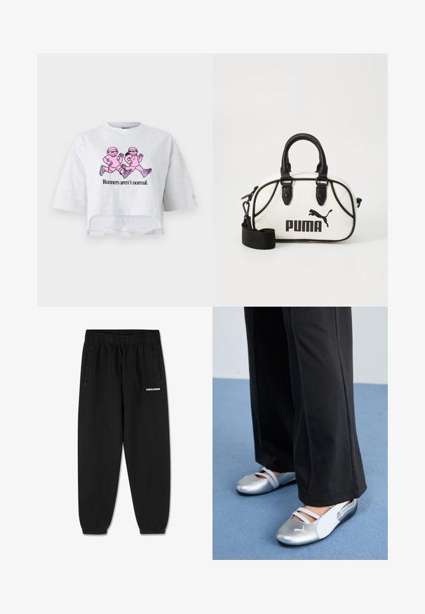 T-shirt cinza curto feito de algodão com mangas curtas. Apresenta uma ilustração rosa de duas figuras a correr e o texto "Os corredores não são normais."; Calças de sweats pretas feitas de tecido suave, com uma cintura elástica ajustável, pernas ajustadas e bolsos laterais. Logótipo "PEGADOR" em branco na parte da frente.; Sapatos planos prateados e brancos com tiras cruzadas e detalhes texturizados, complementados por calças pretas soltas. Colocados sobre um chão azul.; Bolsa branca com detalhes em preto, apresentando o logótipo da Puma. Alças curtas e arredondadas e uma alça removível, feita de material sintético texturizado.