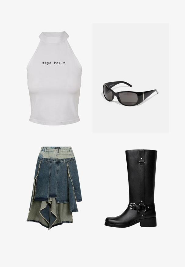 Bílý crop top s halter krkem vyrobený z hladké látky, s textem "*eye roll*" v tučném černém písmu umístěným uprostřed vpředu.; Černá dámská bunda s dlouhým rukávem, předním zipem, širokými manžetami a límcem, položená na světle šedém pozadí.; Džínová sukně s patchworkovým designem v různých odstínech modré a zelené, s třepenými okraji, asymetrickým lemem a více panely.; Vysoké černé boty z umělé kůže s kulatou špičkou, detailem s přezkou na pásku a širokým podpatkem. Hladký povrch a vertikální šev na holeně.; Černé sluneční brýle s lesklými plastovými rámy, gradientní šedé čočky a stříbrnými akcenty po stranách. Hladký, zakřivený design.; Desigual Kabelka - black