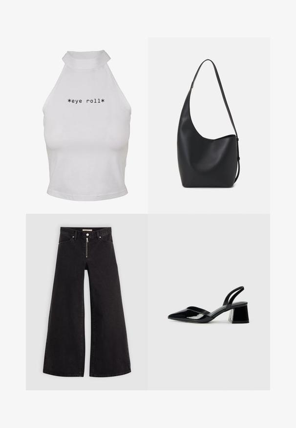 Valkoinen halterneck-lyhyt toppi, joka on valmistettu sileästä kankaasta. Edessä on keskellä rohkealla mustalla fontilla teksti "*silmäpyöritys*".; Mustat leveälahkeiset farkut, joissa on vetoketjufrunti, viisi-taskuinen muotoilu ja hienovaraiset ompelusyyt. Sileä pinta ja rento tyyli.; Mustat patentoitu nahkakengät, joissa on säären takaosa ja terävä kärki, sekä geometrinen palikkakorko. Sisältää tyylikkään, minimalistisen muotoilun ja sileän pinnan.; Musta nahkainen hobo-laukku, jossa on sileä pinta, kaareva muoto ja yksi säädettävä olkahihna; sisäänkäynti on leveä ylhäältä.